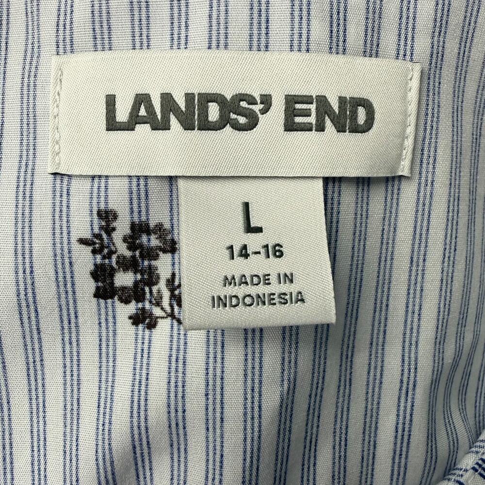 Lands End Women's L Cotton Puff Sleeve Statement Collar Shirt Blue White Stripe - Picture 10 of 15